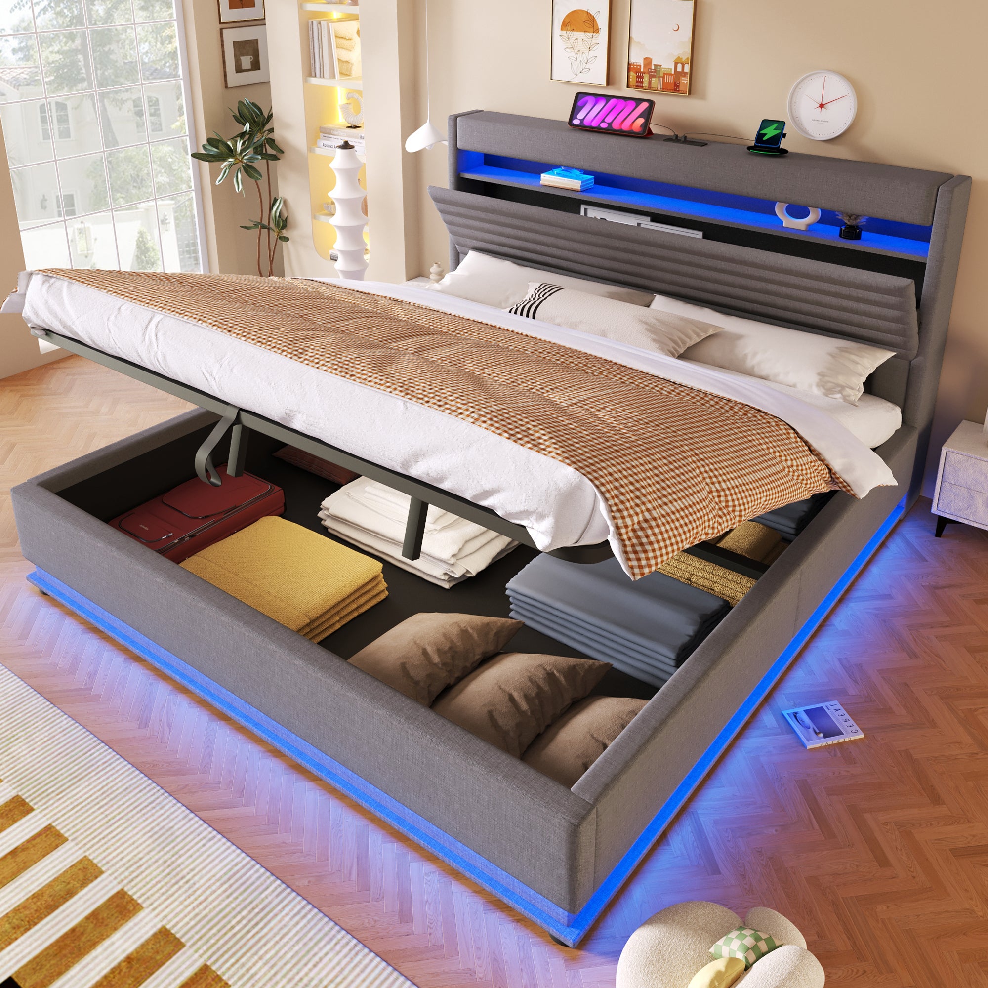 Łóżko z pojemnikiem 180 x 200 cm, z portami USB/Typ-C - Tkanina lniana - Diody LED - Szare (Materac nie jest dołączony)