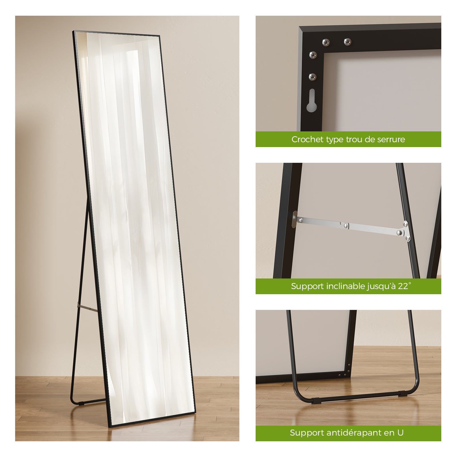 Espejo de cuerpo entero 160 × 40 cm – Espejo de pie y colgante con marco de aluminio negro, estilo moderno, para dormitorio, salón y pasillo - 5