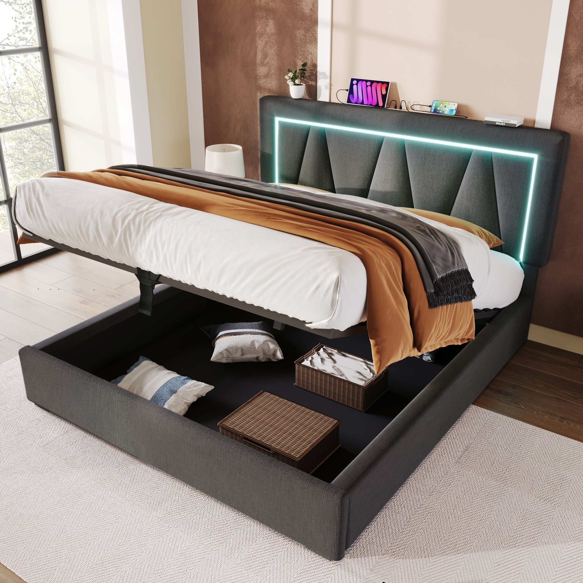 Cama contenedor 140 x 200 cm para adultos - USB + Tipo C + LED - tejido de lino - gris - 8
