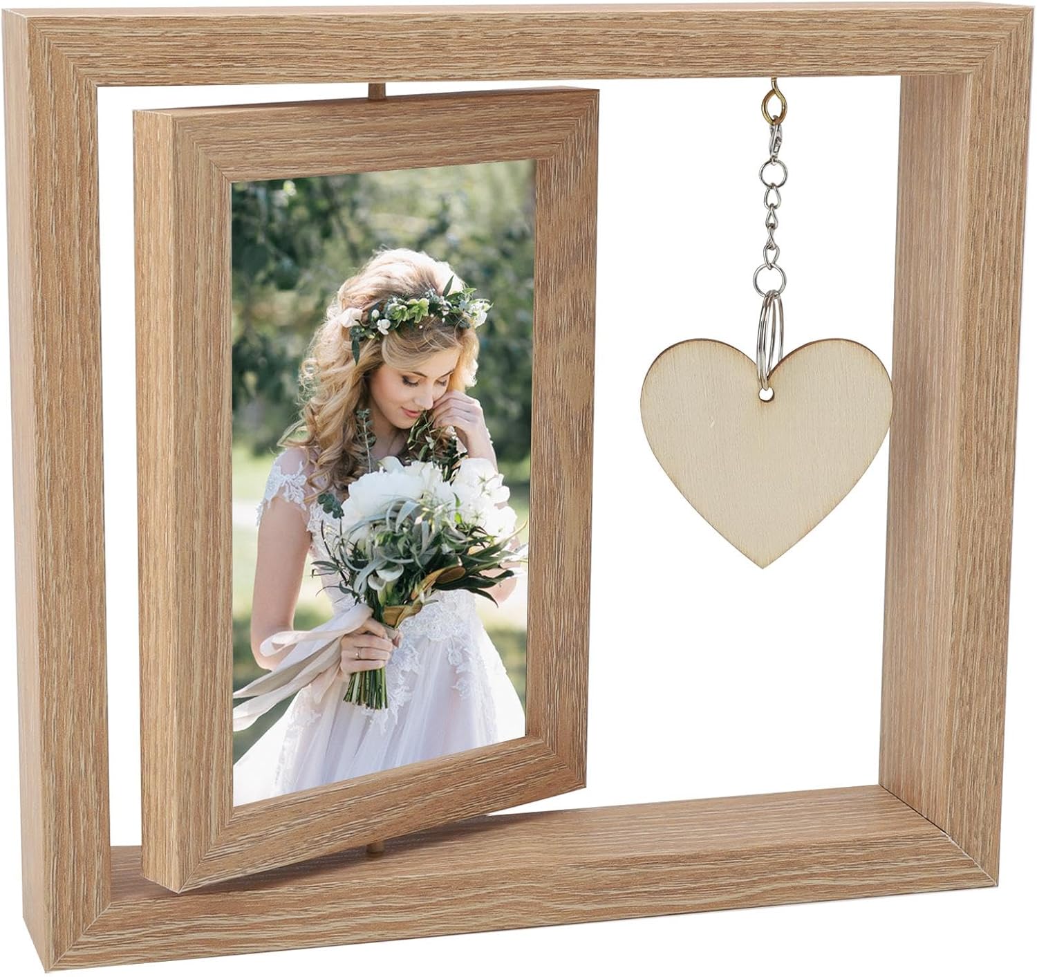 Cadre Photo Rotatif En Bois Double Face - Pendentif Cœur Personnalisable - Pour Anniversaire, Mariage, Cadeau