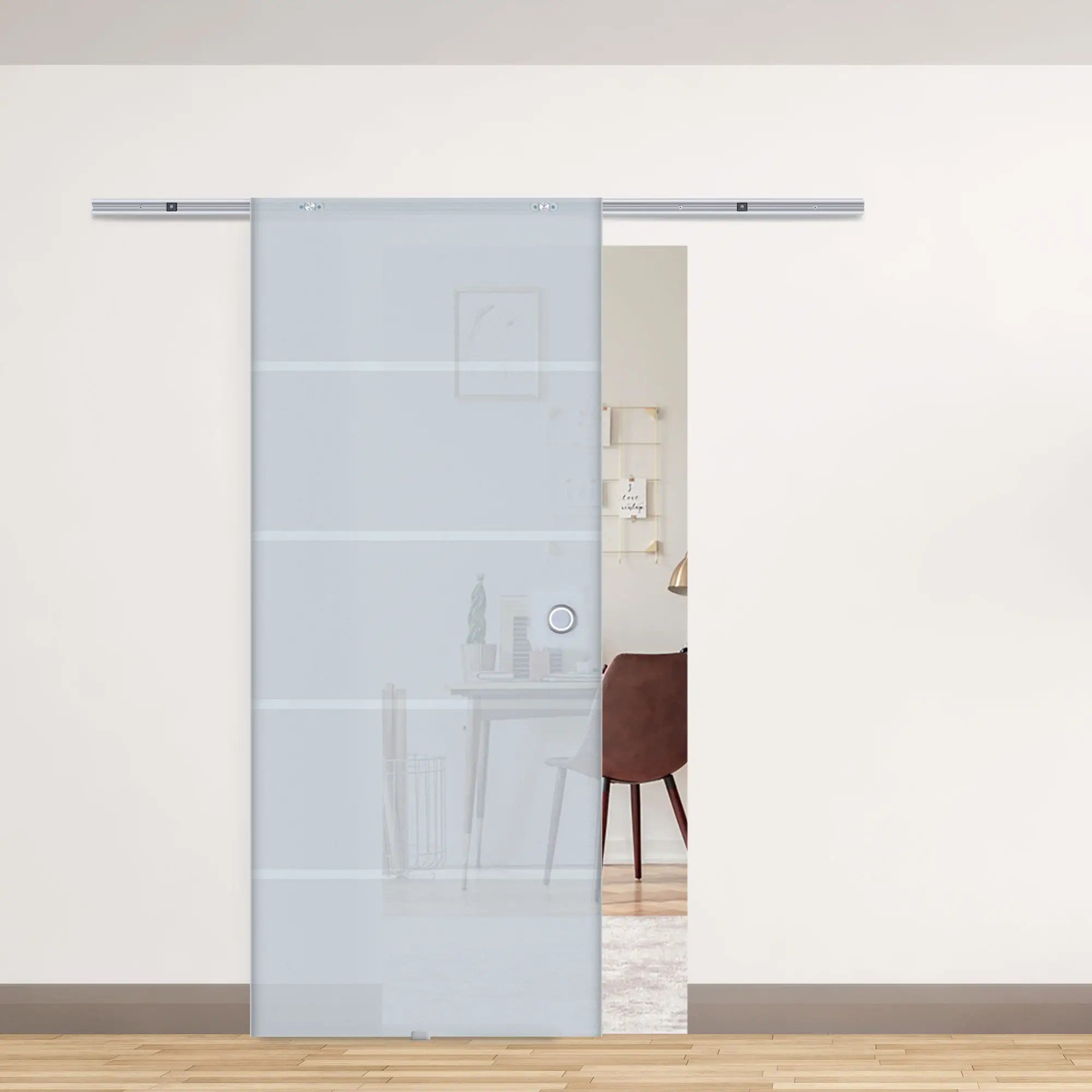 Przesuwne drzwi szklane półmatowe 8mm szkło hartowane System zawieszenia aluminiowego 900 x 2050 mm Naturalne światło Nowoczesne