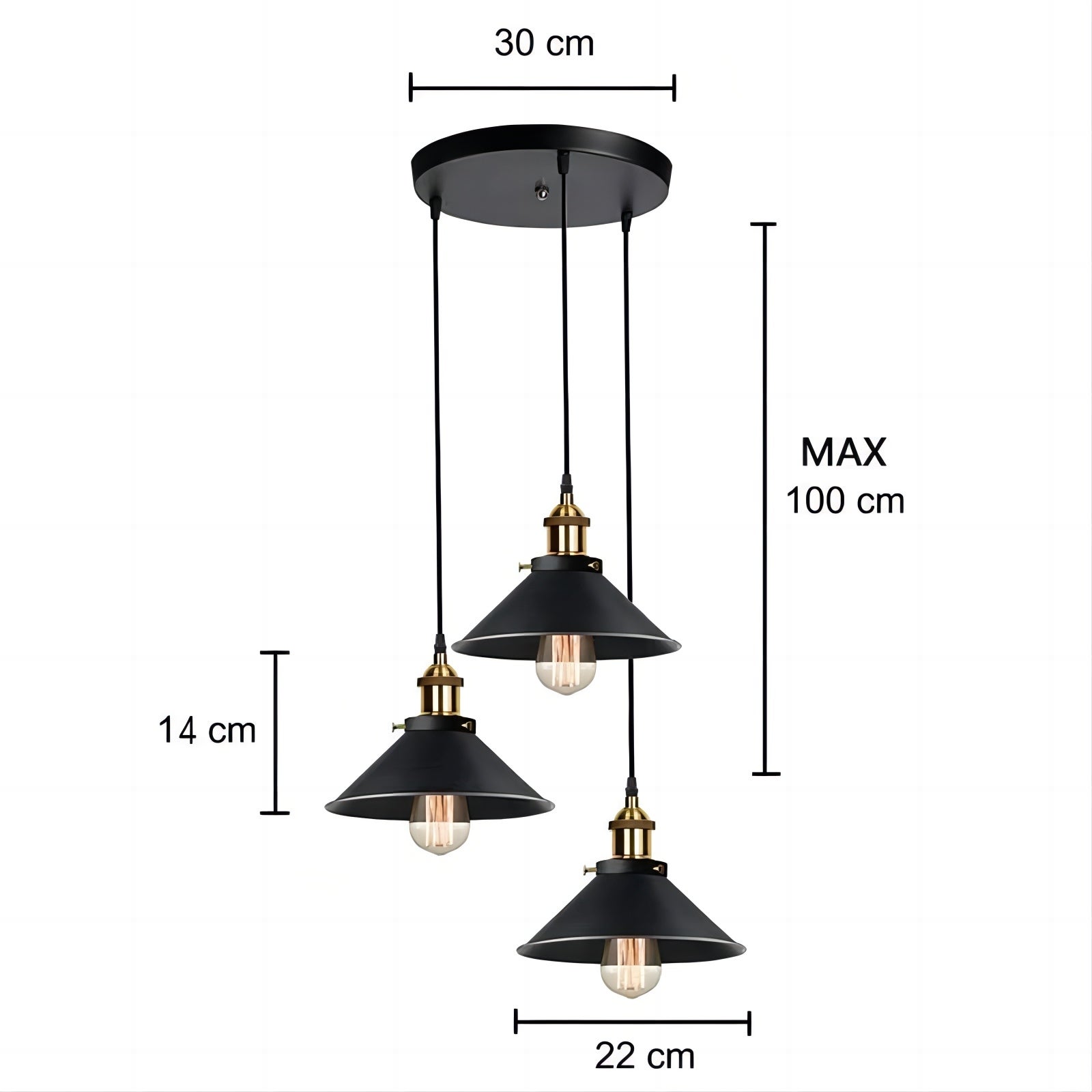 GOECO Suspension 3 Lumières Plafonnier Rétro Industriel Design Edison Suspension en Métal avec Support Plaque Ronde, Ø 22 cm, Noir - 8