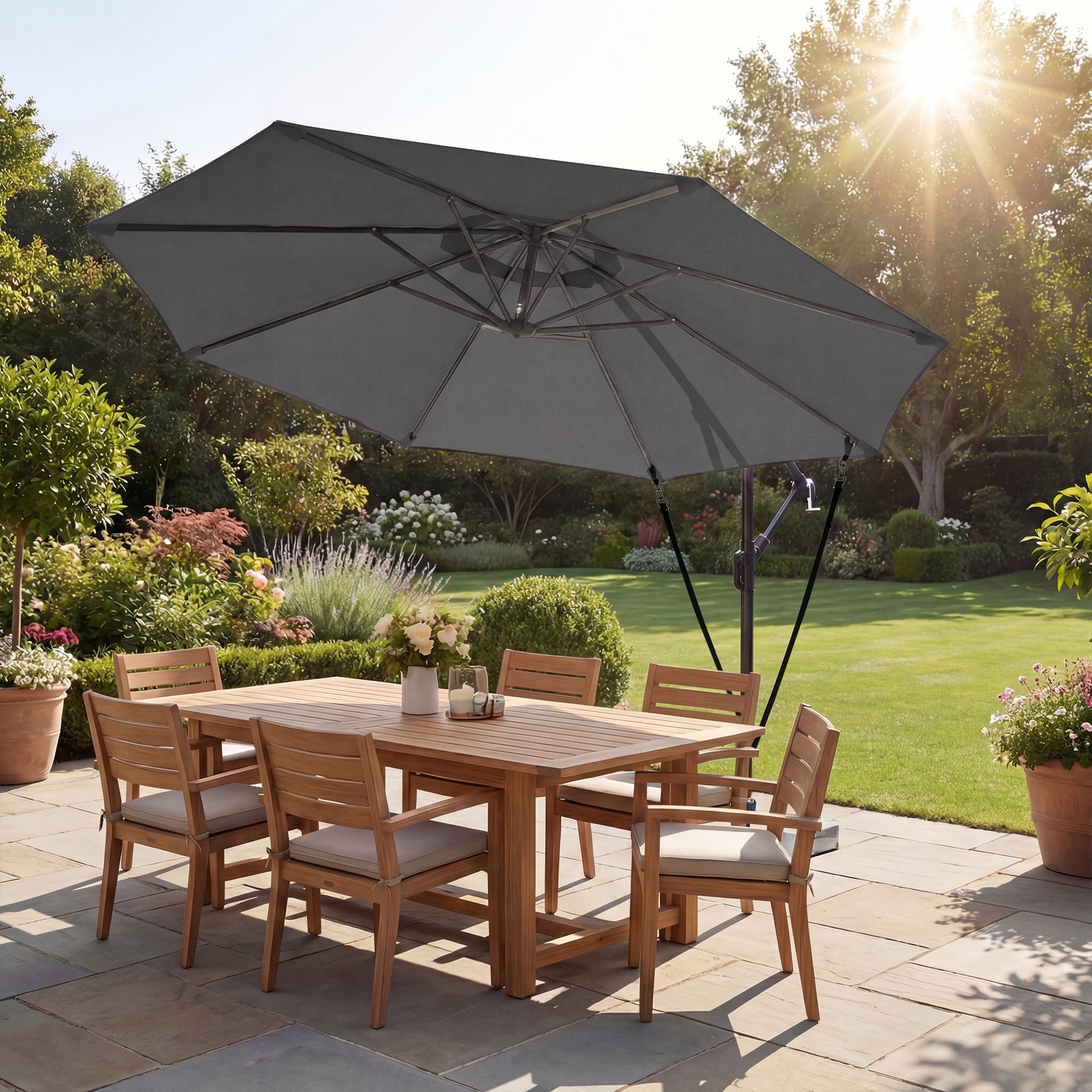 Parasol Déporté Parasol de Jardin Extérieur Double Cordes de Fixation et Housse de Protection Manivelle Gris Foncé - 4