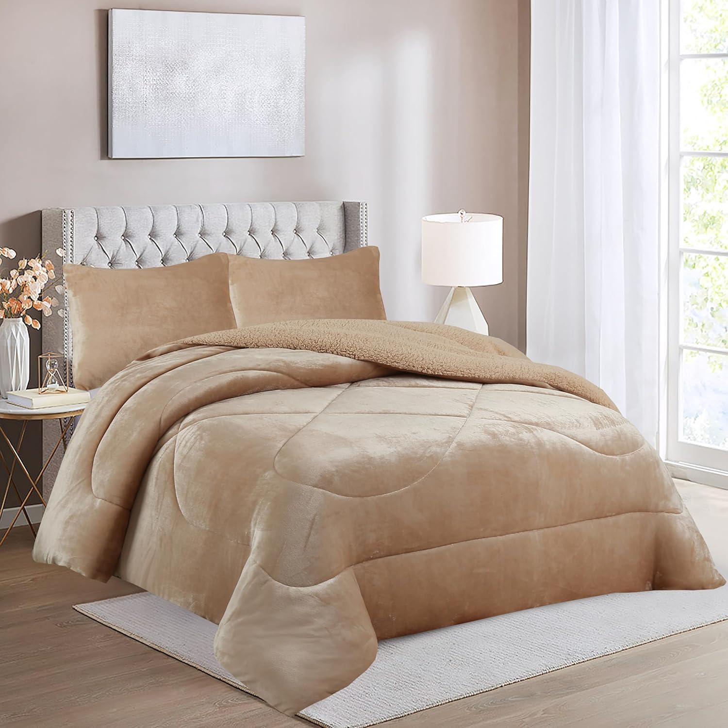 Haradeco manta sherpa para cama con fundas almohada, edredón borreguito terciopelo gruesa abriga(liso beige, 240x260cm)