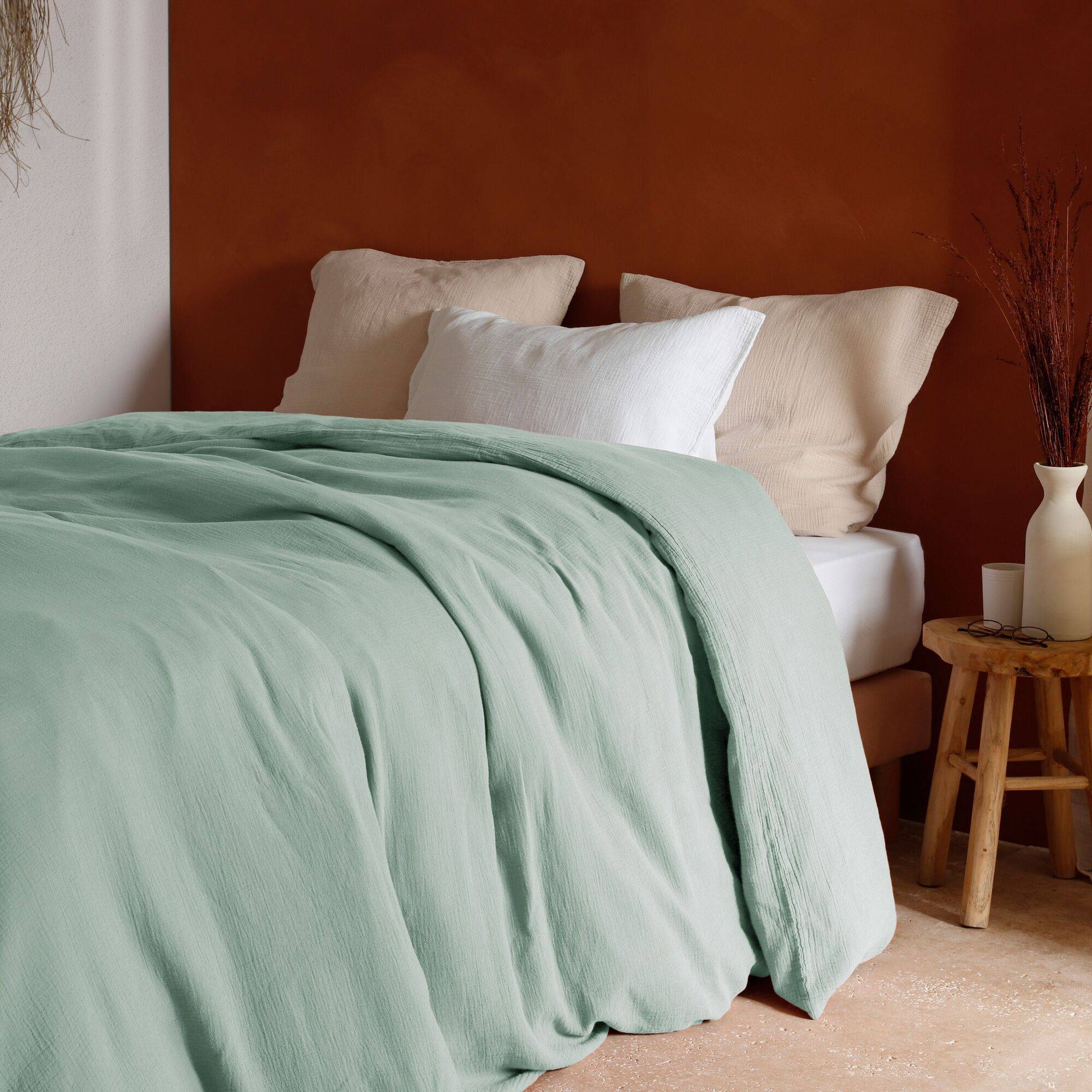 Housse De Couette Gaze De Coton 200x200 Cm Gaia Vert Romarin – Dock Avenue 100% Coton Doux