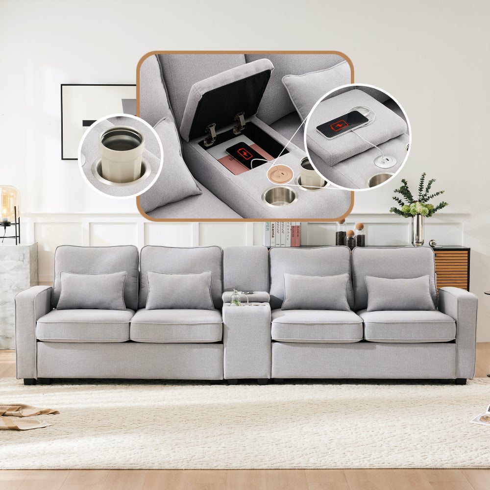 Sofa 4-osobowa, pościelowa, z konsolą, USB, uchwytami na kubki, 4 poduszkami
