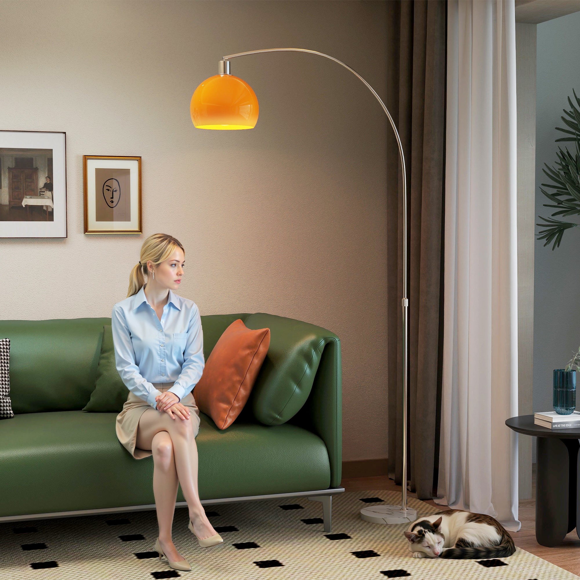 Lampadaire pour salon, abat-jour simple, design à tige haute, avec interrupteur au pied, dimensions : 26 x 90 x 180 cm, orange. - 4
