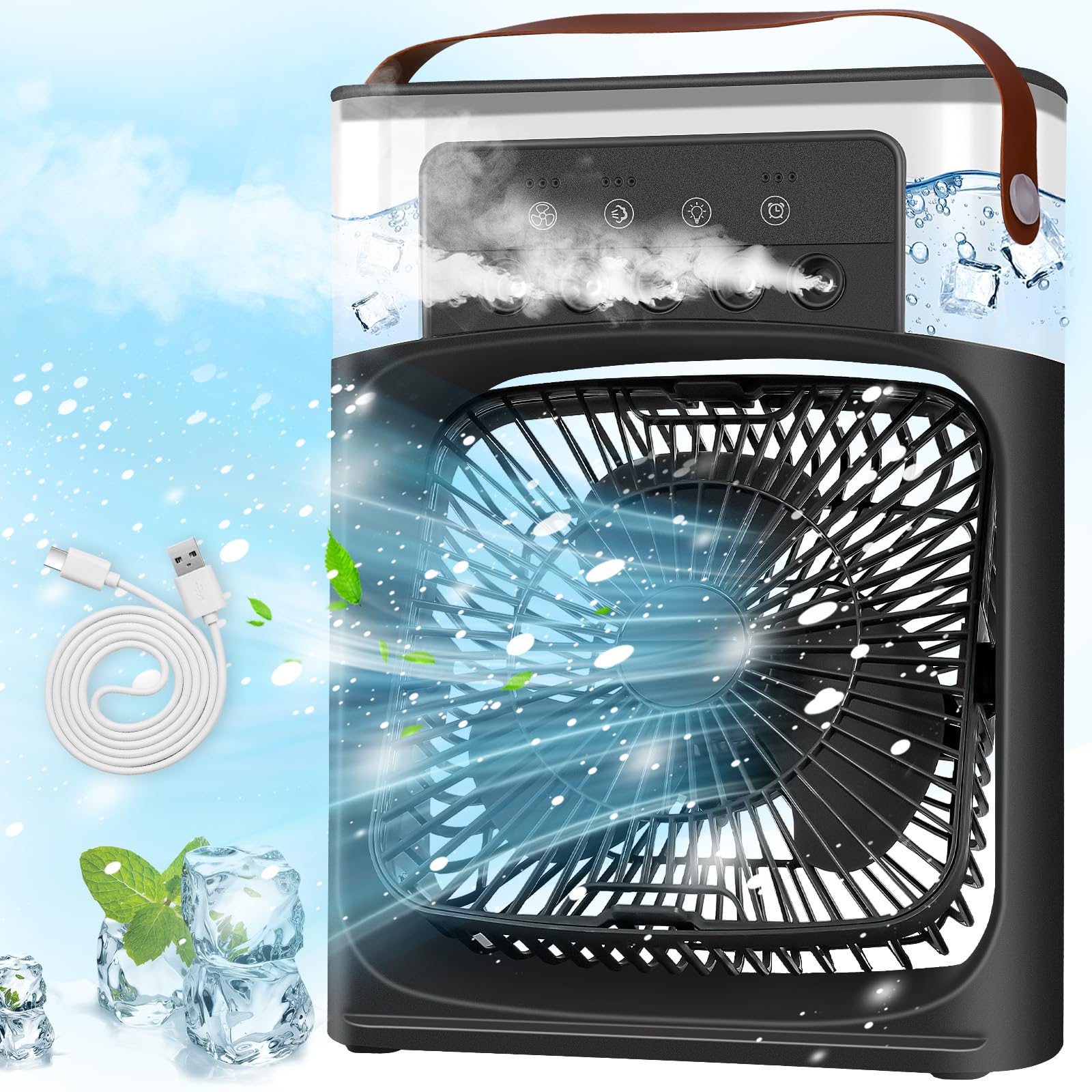 Ventilateur Rechargeable Sans Pales Avec Humidificateur Et Brumisateur - 3 Vitesses, 7 Couleurs LED