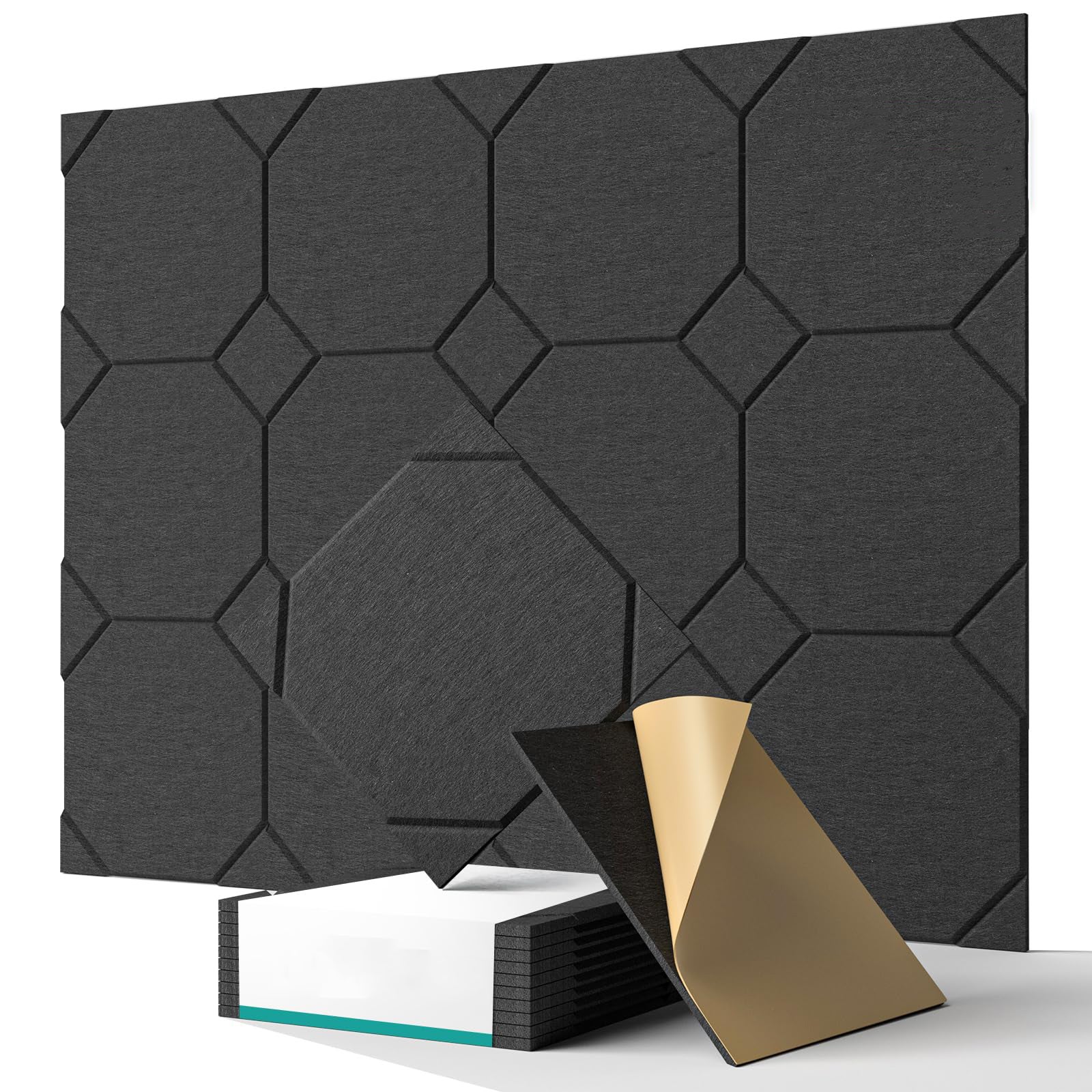 12 paneli ściennych akustycznych, samoprzylepnych, do wygłuszania i redukcji hałasu wewnątrz pomieszczeń, 30 cm x 30 cm, kolor czarny