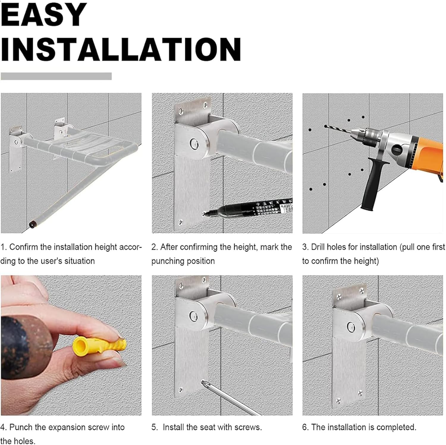 Mural Pliant Siège de Douche Rabattable Salle de Bain Tabouret et Chaise Pliable Banc de Bain pour handicapés antidérapants, Haut 48cm - 6