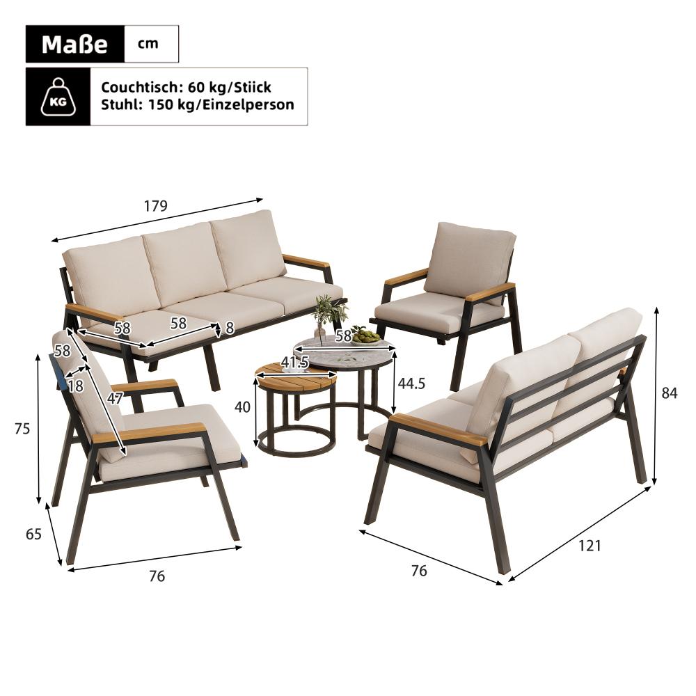 Set lounge de jardin 3+2 avec coussins confortables, 2 fauteuils, 2 tables, verre marbré et bois synthétique, acier galvanisé - 4