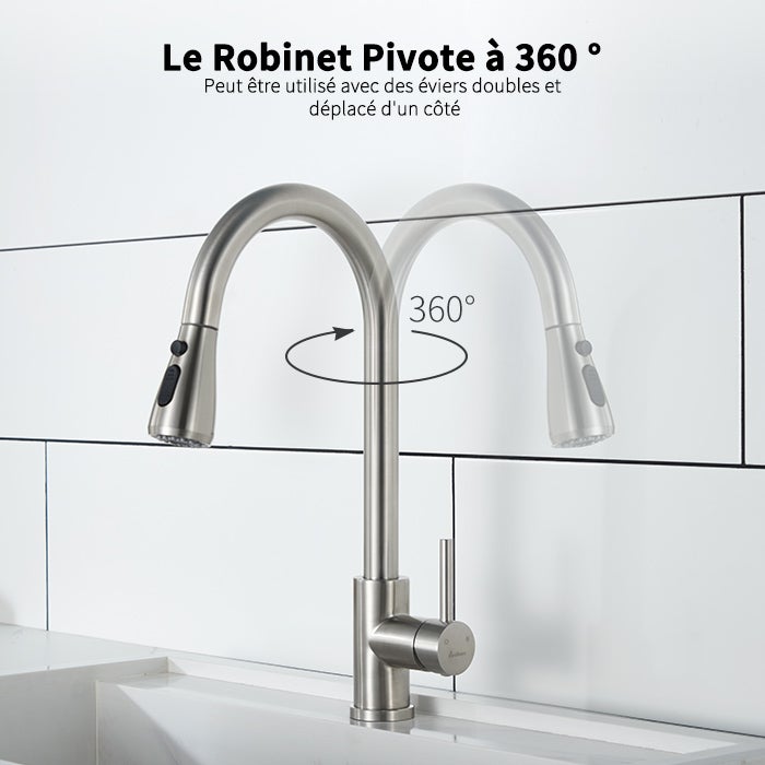 Robinet de Cuisine avec Douchette Extractible Mitigeur Cuisine Brossé en Acier Inox Robinet d'évier pour Cuisine Rotatif à 360° avec 3 Modes - 3