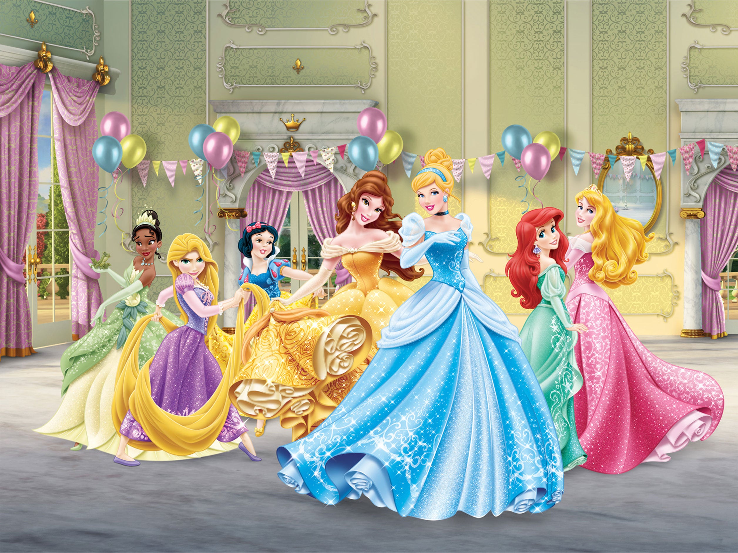 Fotomural princesas amarillo, azul y verde - 360 x 270 cm - disney
