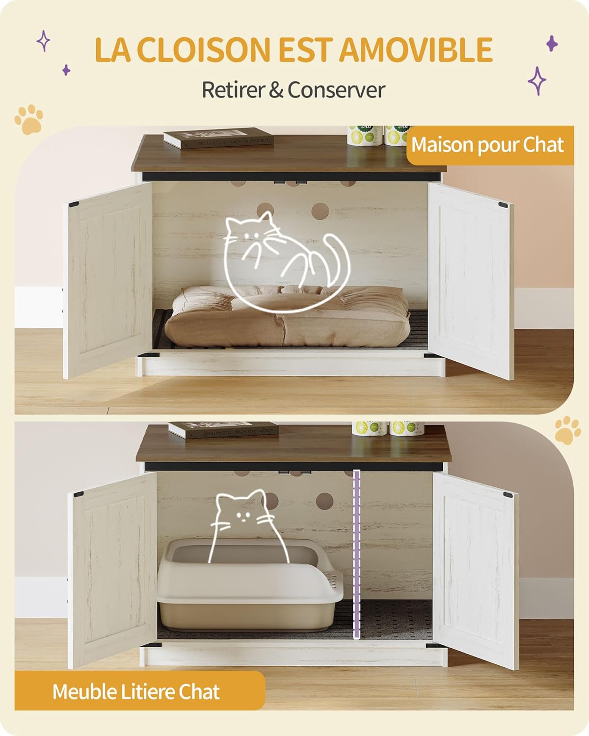 Caixa de areia para gatos, armário para areia com divisória amovível, casota para gatos, entrada reversível (esquerda ou direita), castanho e branco. - 5