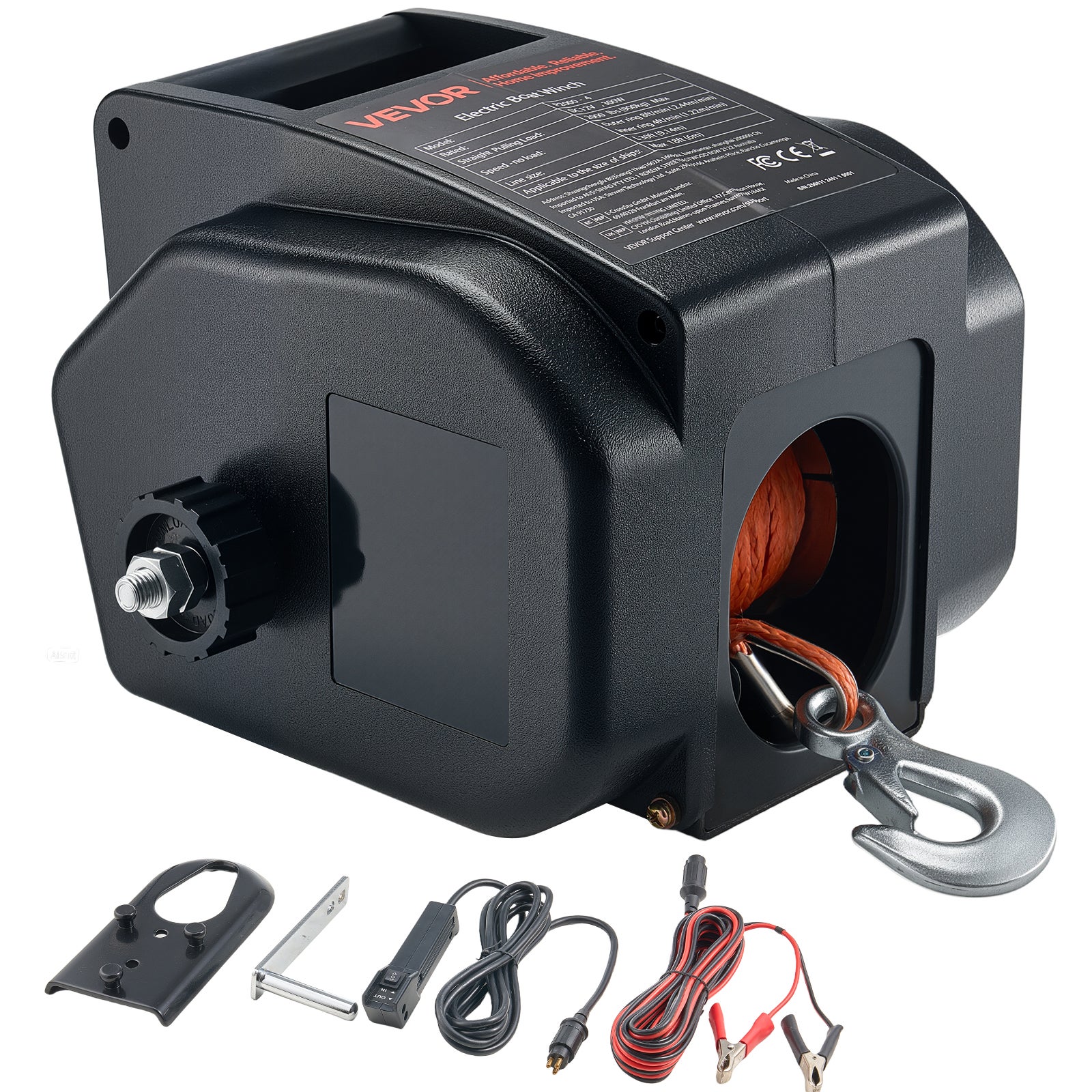 Wciągarka Elektryczna do Łodzi VEVOR 12 V, 300 W, Udźwig 900 kg, Lina 6 m, Pilot Przewodowy i Korba