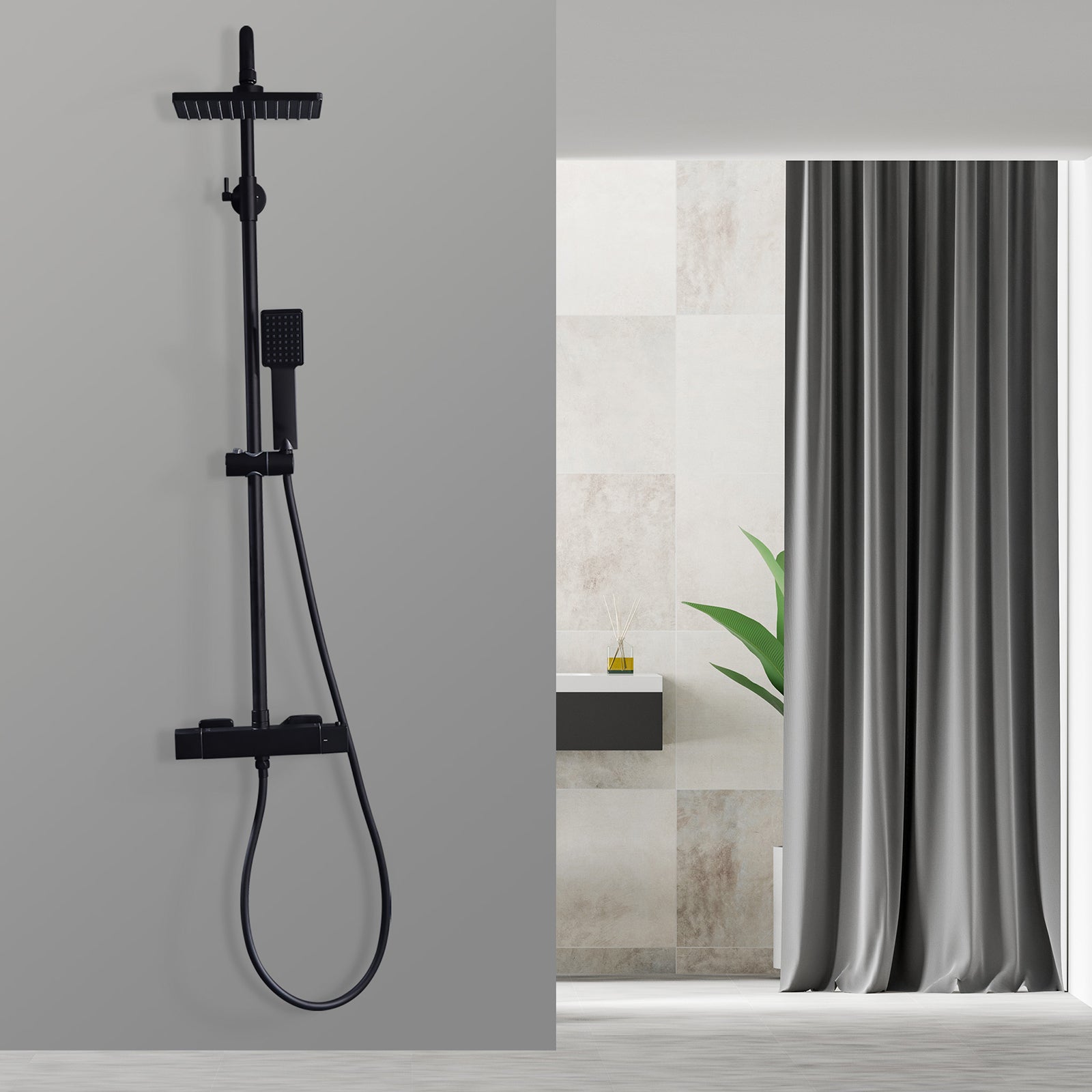 HOMELODY Czarna termostatyczna kolumna prysznicowa, zestaw prysznicowy z termostatem i główką prysznicową, regulowana wysokość - 7