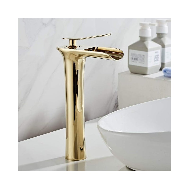 Bateria łazienkowa w stylu wodospadu, bateria umywalkowa w stylu wodospadu, wysoka złota bateria umywalkowa z ciepłą i zimną wodą