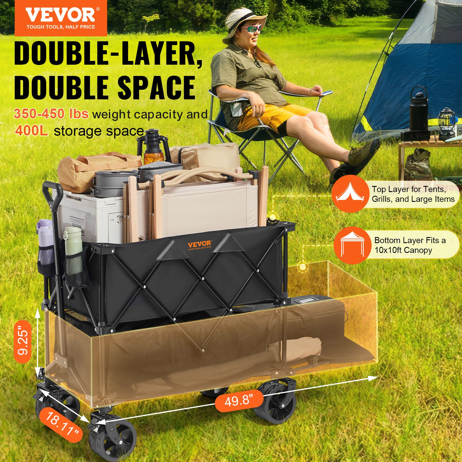 Chariot De Transport Pliable Tout-terrain WilTec, Capacité 68 Kg, Pour Jardin, Plage, Camping
