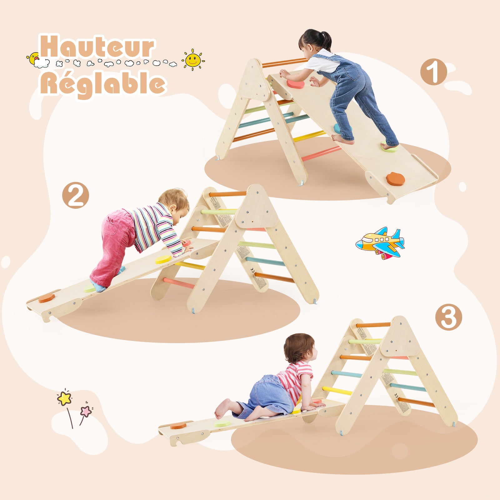 7 en 1 Triangle d'escalade Montessori Enfants avec Rampe, Arc d'escalade en Bois Hêtre avec Tente & Bascule & Échelle, Charge 50KG, pour 1 An + - 8