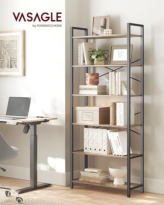Étagère 6 Niveaux, Bibliothèque, Meuble de Rangement, 30 x 80 x 186 cm, Style Industriel, Noisette Foncé et Noir - 2