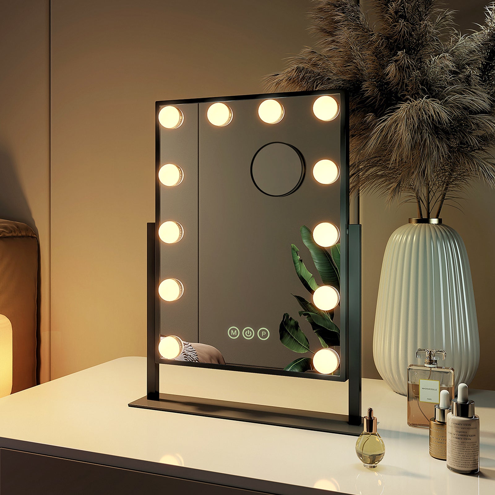 EMKE Lustro do makijażu z 12 LED, 3 kolory światła, powiększenie 7x, obracane o 360°, czarne, 47,5x36,5x8,5 cm