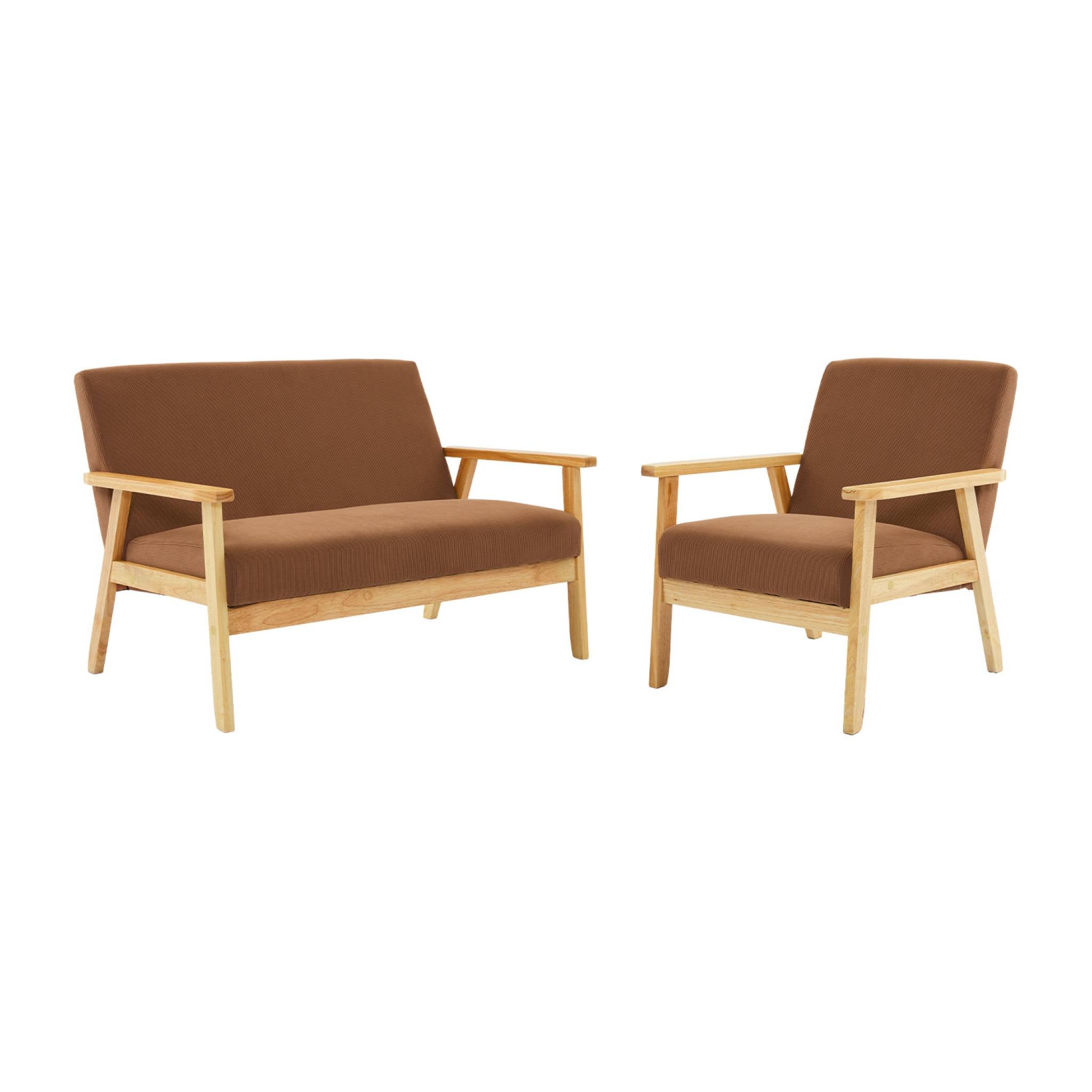 Sofá de 2 plazas y sillón de pana con patas de madera, isak pana, marrón, 130x79x69 cm