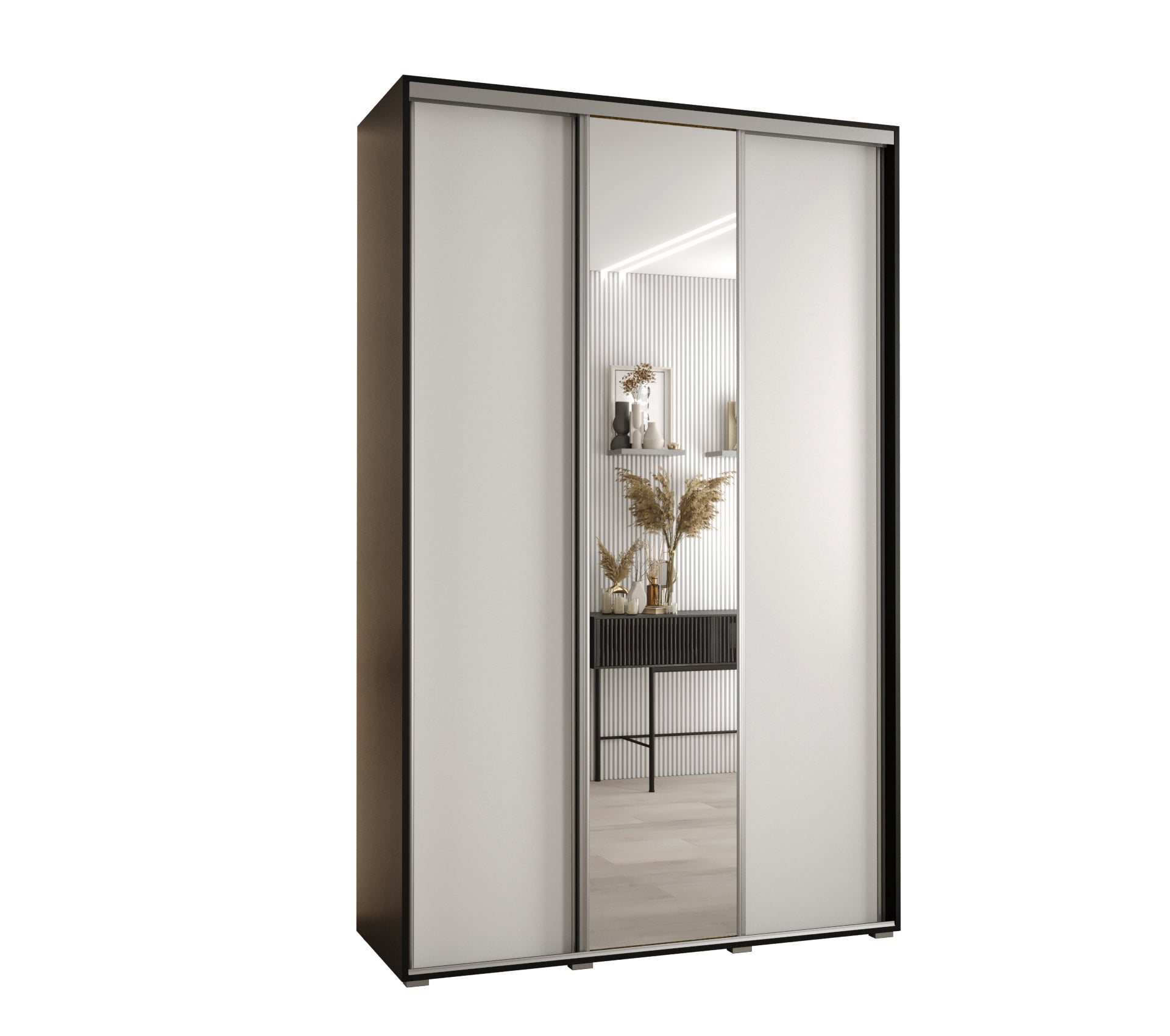 Szafa przesuwna z lustrem wysoka Davos 3 160 x 45 x 235,2 cm czarny + biały + u. srebrny - Abiks Meble
