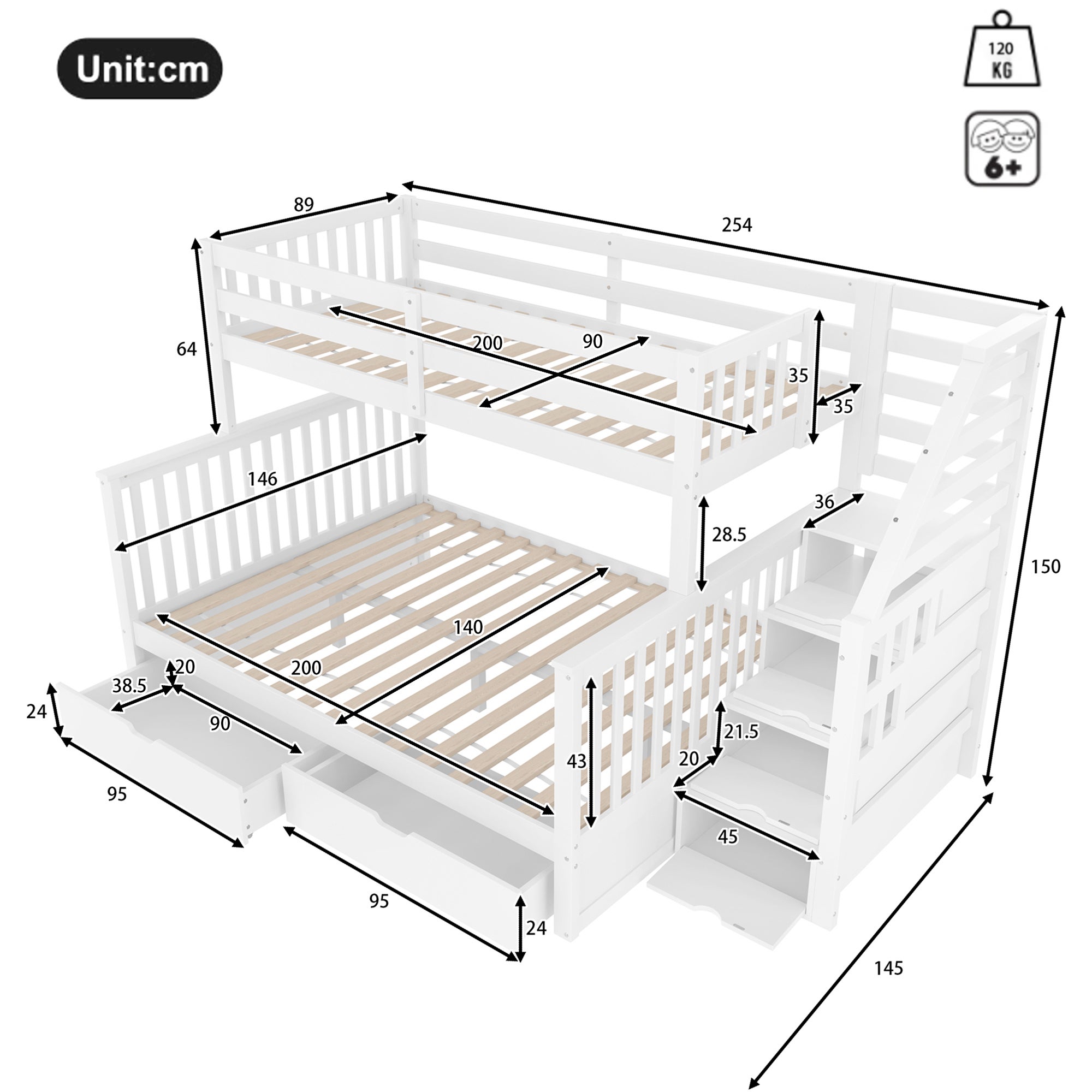 Lit superposé enfant 90x200cm et 140x200cm avec 2 tiroirs et un escalier de rangement, bois, blanc - 4
