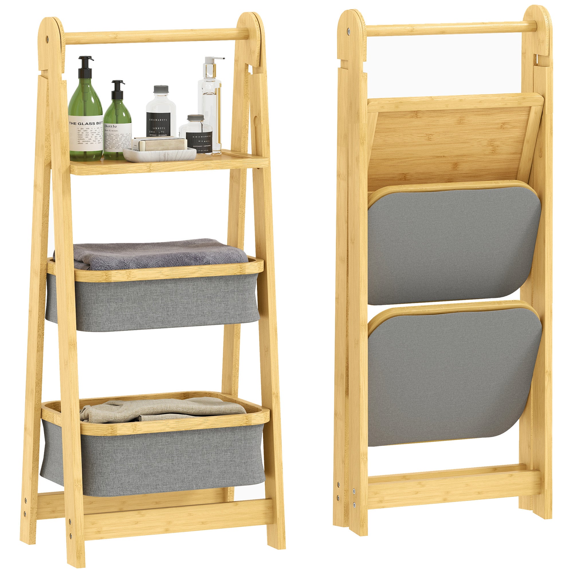 Armario de pared, estantería plegable de bambú para baño con 2 cestas para ropa sucia y estante abierto, color gris.