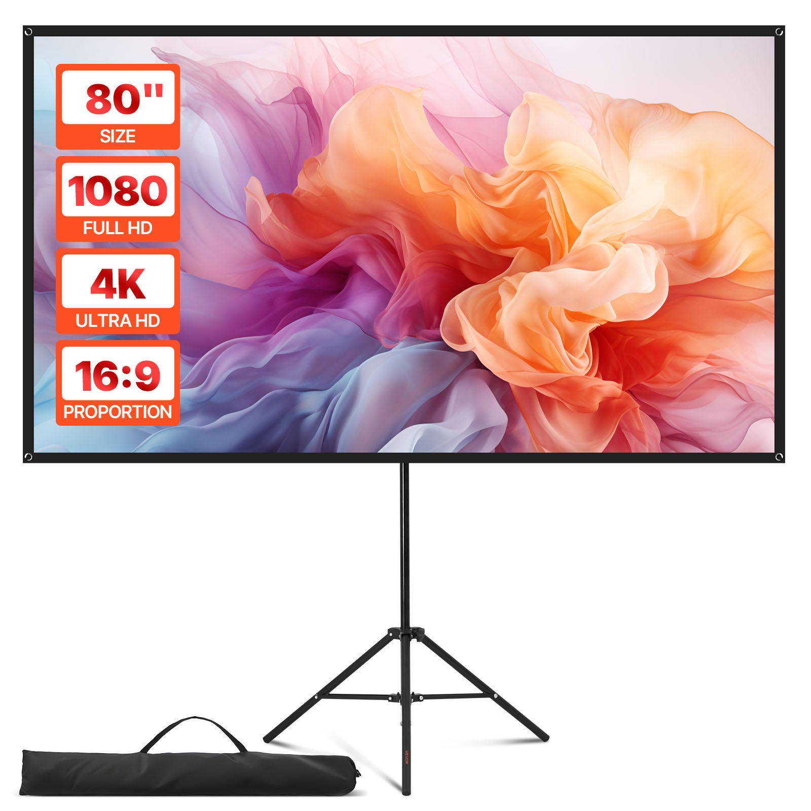 Ekran projekcyjny VEVOR na statywie 80 cali 4K HD przenośny 16:9
