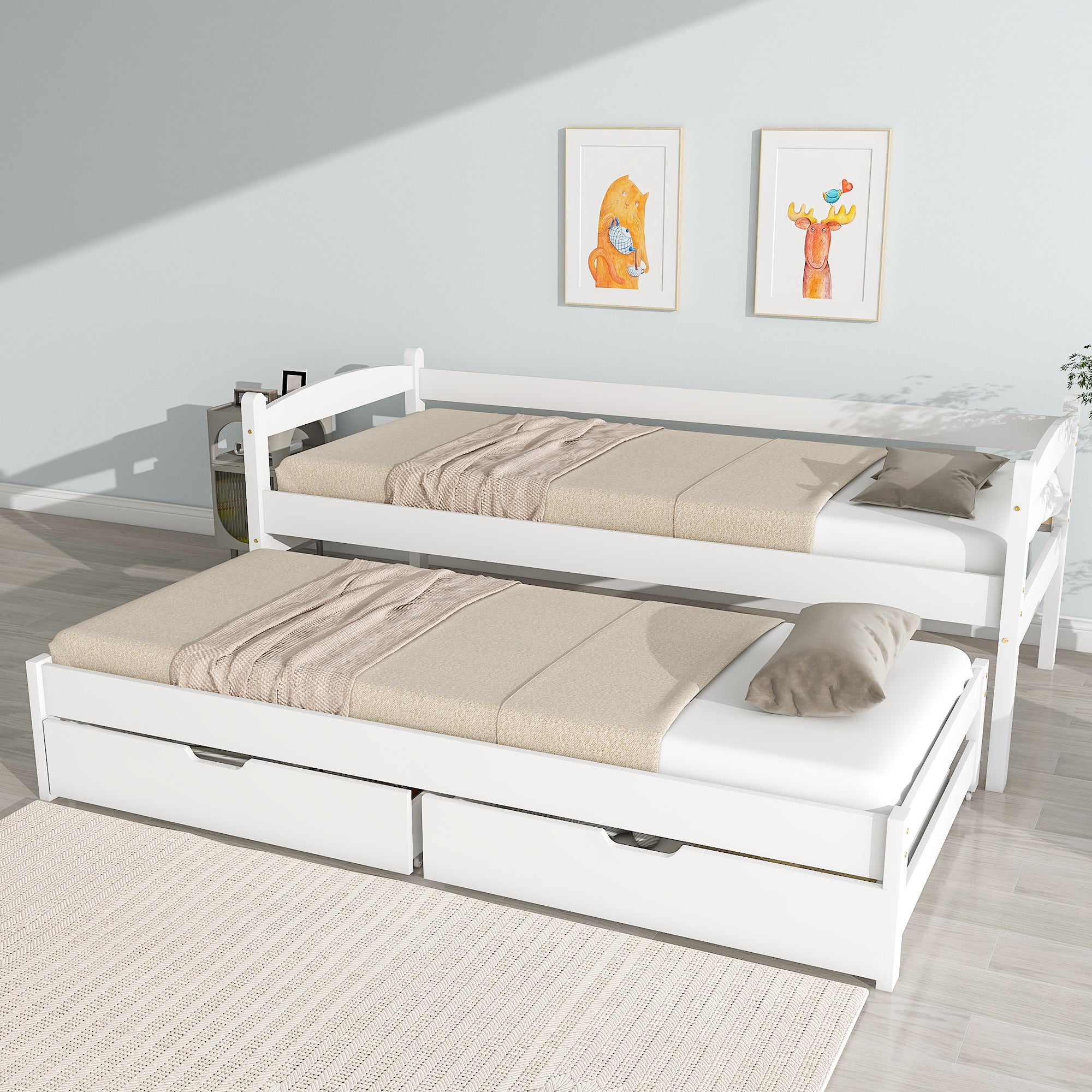 Łóżko z szufladami z 2 szufladami - 200x90cm i 190x90cm - lite drewno - białe