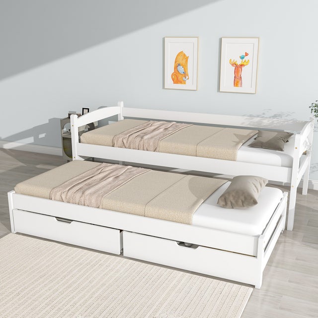 Cama nido con 2 cajones - 200x90cm y 190x90cm - madera maciza - blanco