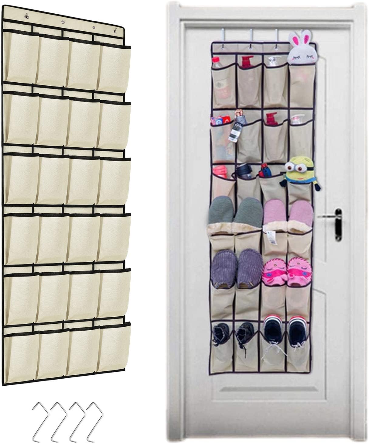 Beżowy wiszący organizer na buty, 24 kieszenie, nad drzwiami, oszczędzający miejsce schowek na buty, szafka na buty z 4 haczykami