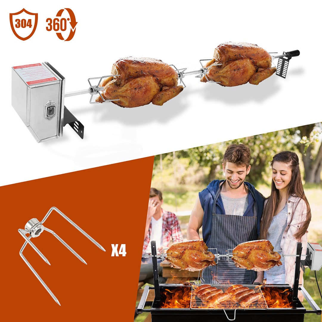 Rożen BBQ 117 cm z silnikiem 220-240V, pręt inox 304, 4 widelce do mięsa, idealny do kurczaka i pieczeni
