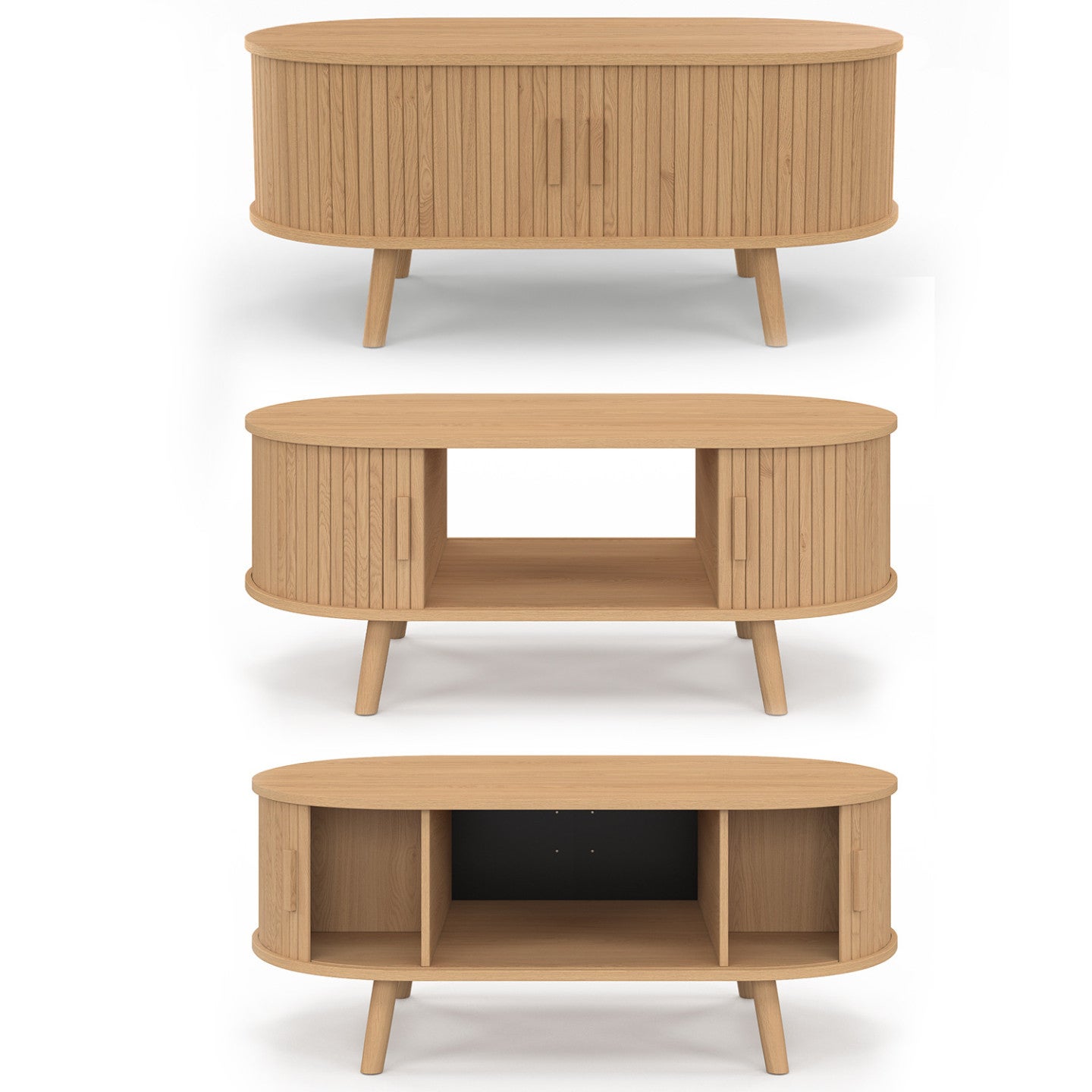 Table basse ovale ROMIE 100 cm 2 portes coulissantes lattes tasseau bois coloris chêne - 4