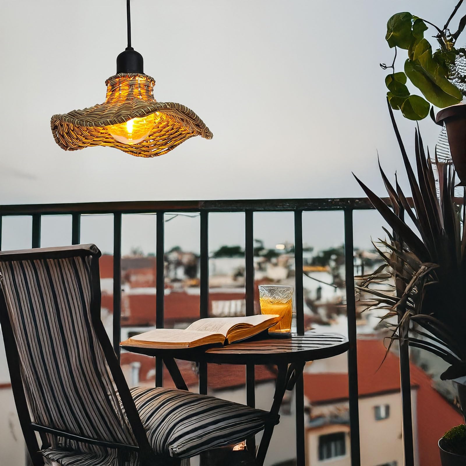 Lampadario da esterno in rattan bohémien, adatto a giardini e gazebo, a batteria/senza telecomando, 18,5 x 7,5 cm, luce calda - 8