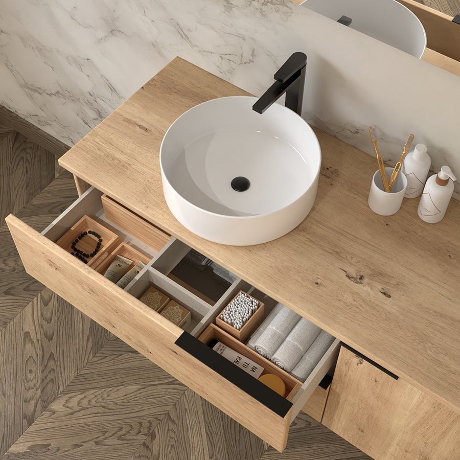 Meuble de salle de bain avec vasque à poser ronde KING - Roble (chêne clair) - 120cm - 3
