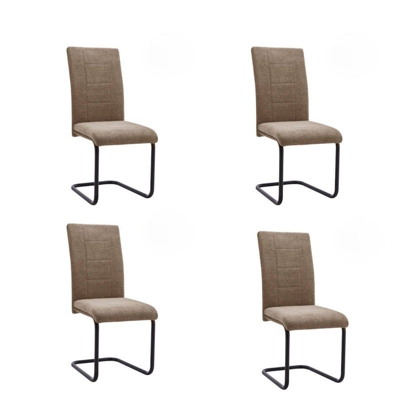 Pakiet 4 drewnianych krzeseł z wypełnieniem piankowym, tapicerowanych brązową tkaniną, nogi w kolorze czarnym, wymiary 43x49x102 cm