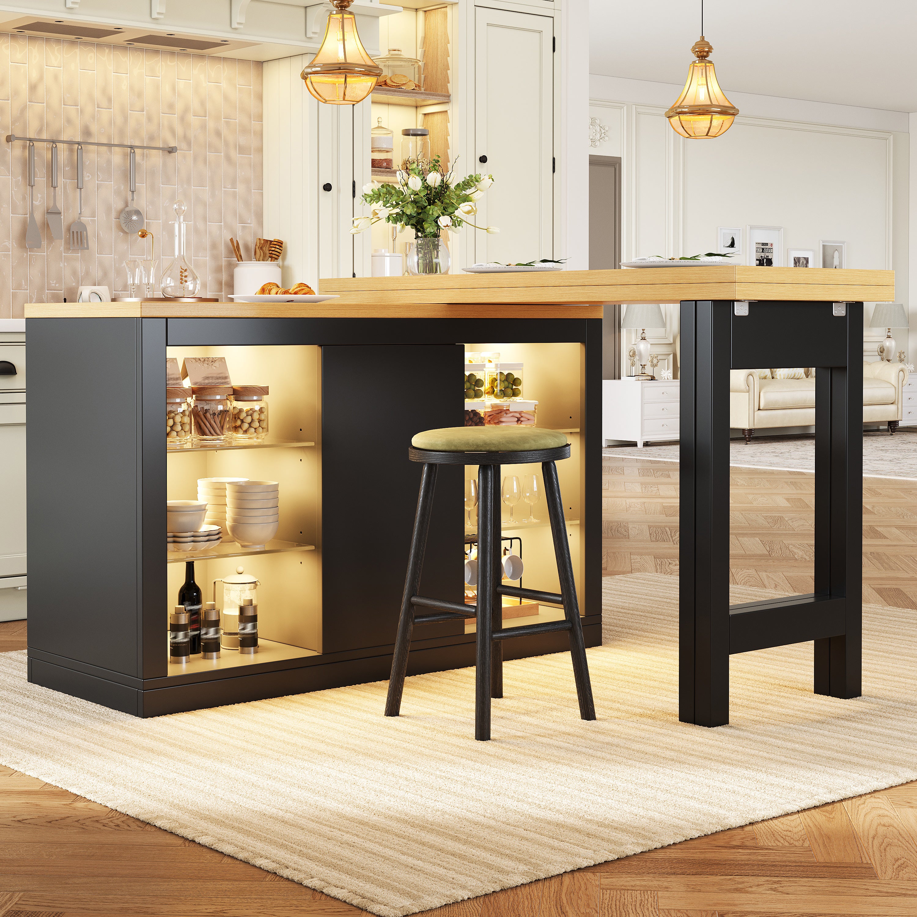Îlot de cuisine extensible 120-197x40x72cm cm avec table à manger, LED RGB , rotation 360°, portes magnétiques et étagères en verre,noir - 3
