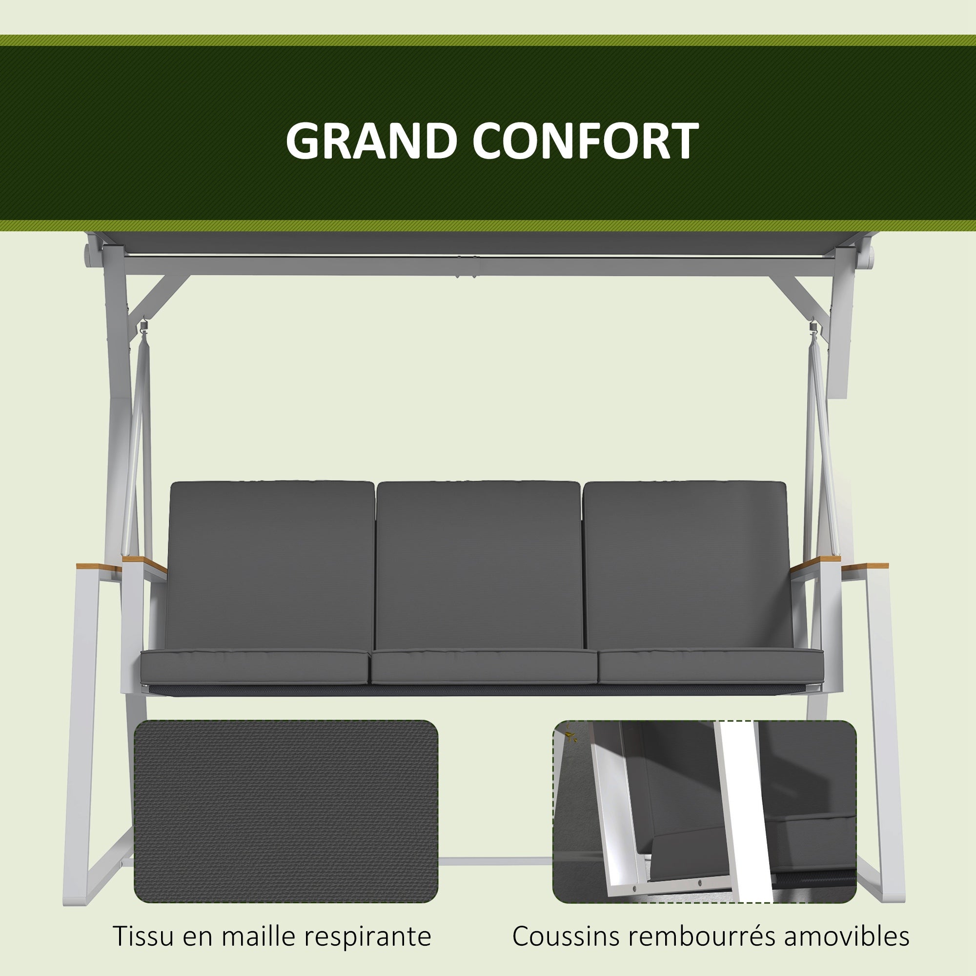 Balancelle de jardin design 3 places réglable matelas blanc gris foncé - 6