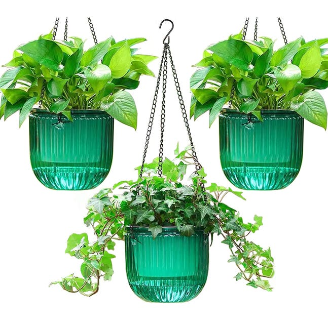 Zestaw 3 zielonych wiszących doniczek do użytku wewnątrz i na zewnątrz, z systemem nawadniania, 113 x 115 mm.