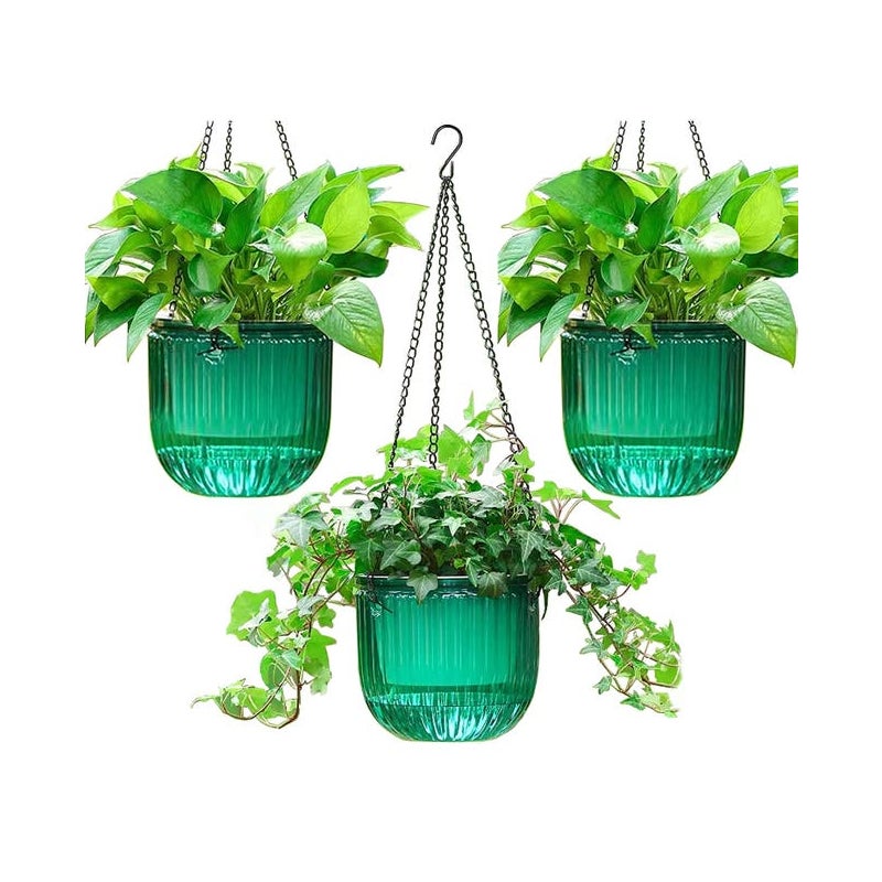 Zestaw 3 zielonych wiszących doniczek do użytku wewnątrz i na zewnątrz, z systemem nawadniania, 113 x 115 mm.
