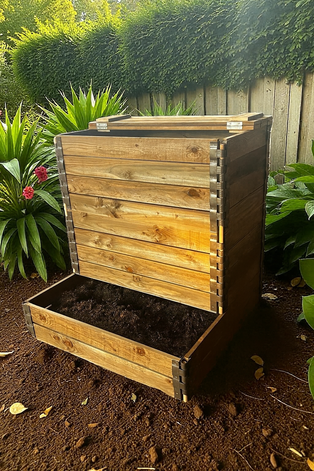 Composteur en bois 600L en douglas classe 3 traité marron avec couvercle - 2