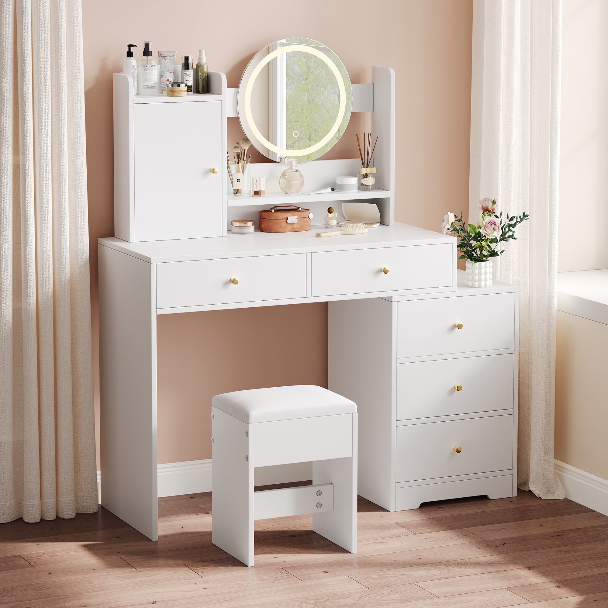 Coiffeuse "Melisa", Chêne/Blanc, 120 Cm Avec éclairage LED Et Tabouret