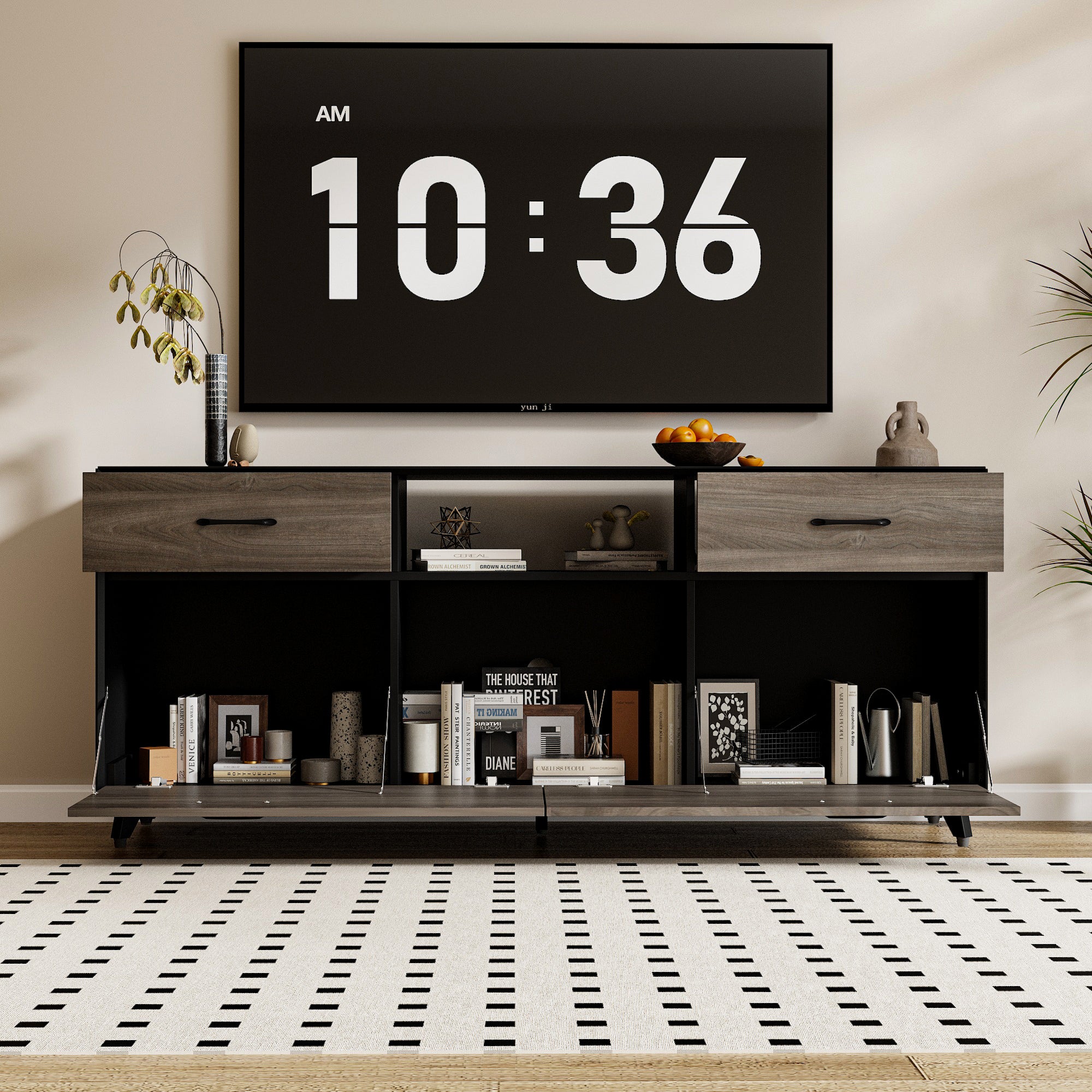 Meuble TV,Meuble bas avec 2 Portes rabattables et 2 Tiroirs, Support TV avec grain de bois pour Salon,160x68x40cm, Marron - 2