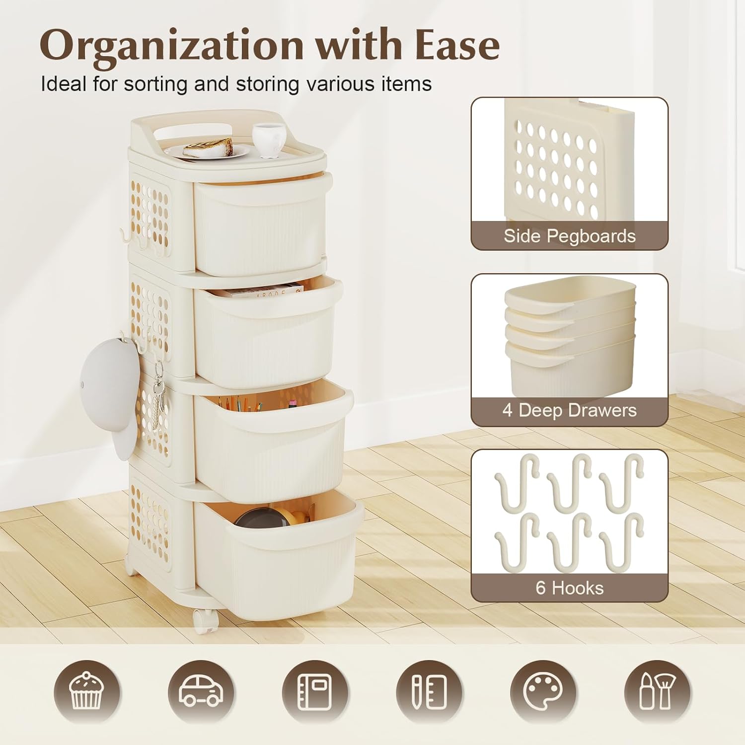 Carrello con 4 Cassetti, Contenitore in Plastica con Rotelle, 6 Ganci, Mobiletto Portaoggetti Mobile per Soggiorno, Cucina e Ufficio (BIANCO) - 5