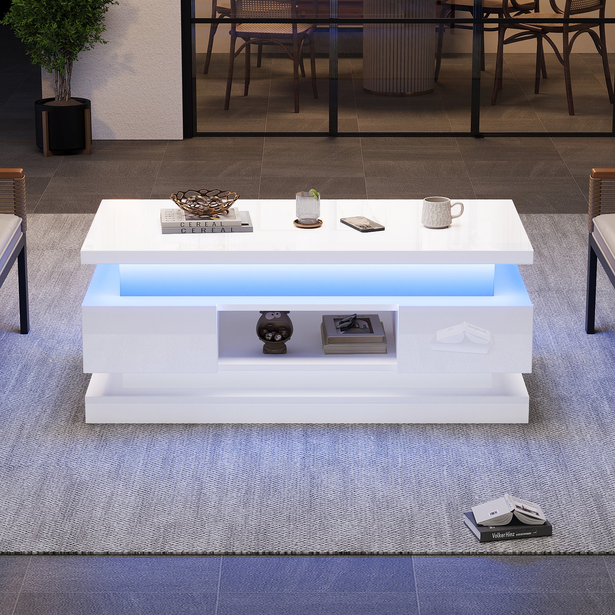 Table basse relevable avec 2 tiroirs - 100 x 50 x 40 cm - LEDs - Panneau de particules - Blanc - 6