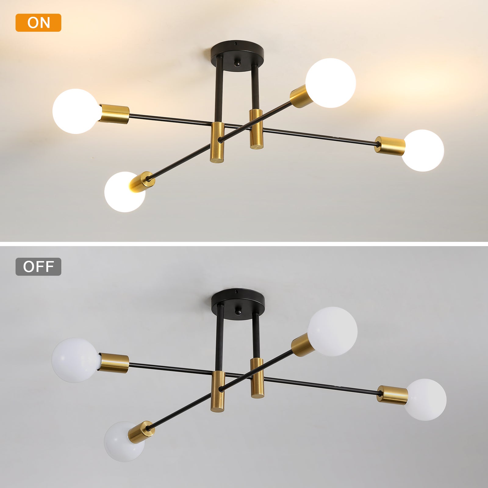 GLAMARIS Plafonnier Lustre Noir Industriel 4 Lumières,E27 Sans Ampoule,71x71x26.5cm,Éclairage Décoratif pour Salon,Chambre et Salle à Manger - 3