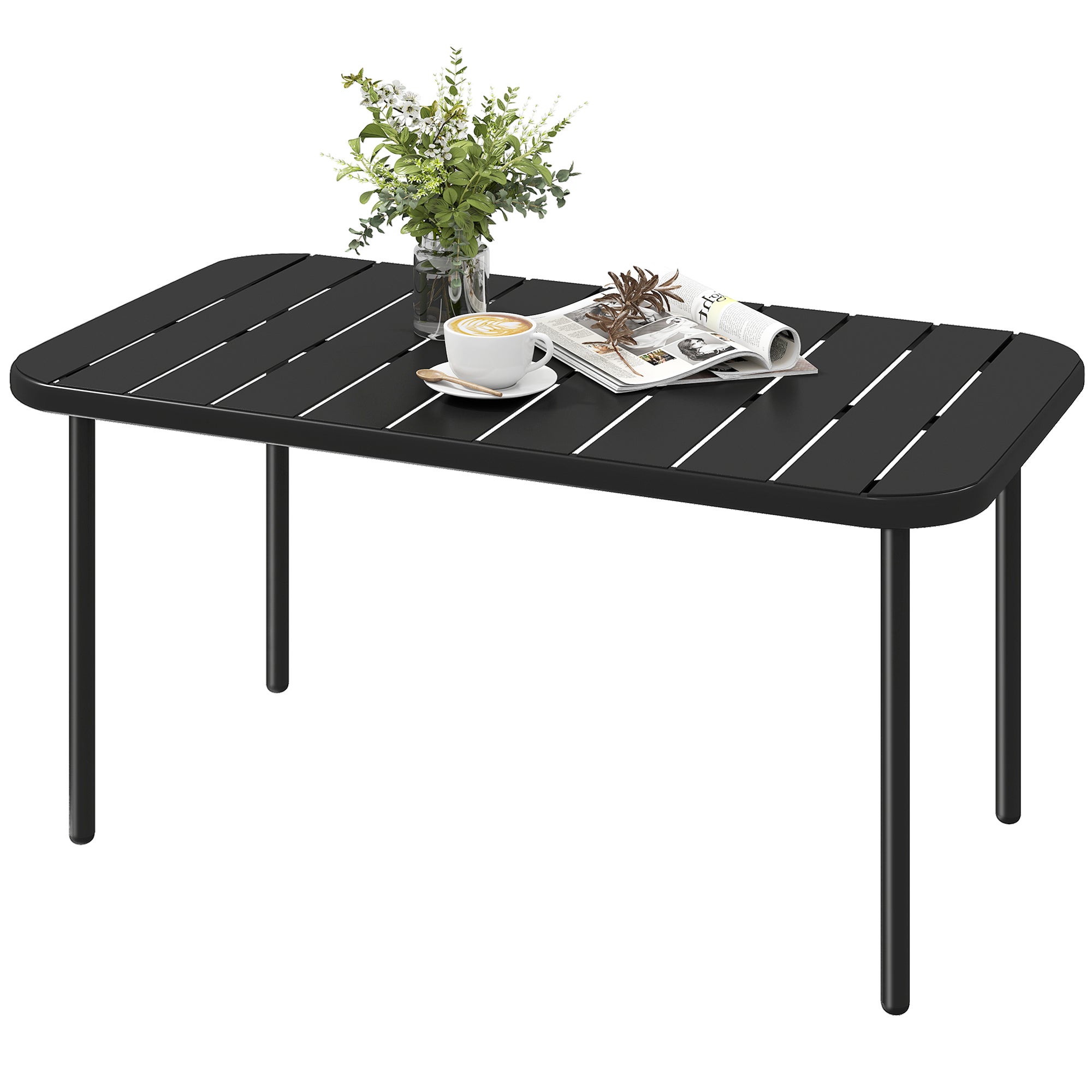 Table basse d'extérieur, table de patio rectangulaire en métal résistant aux intempéries avec plateau à lattes pour une utilisation en extérieur - 2