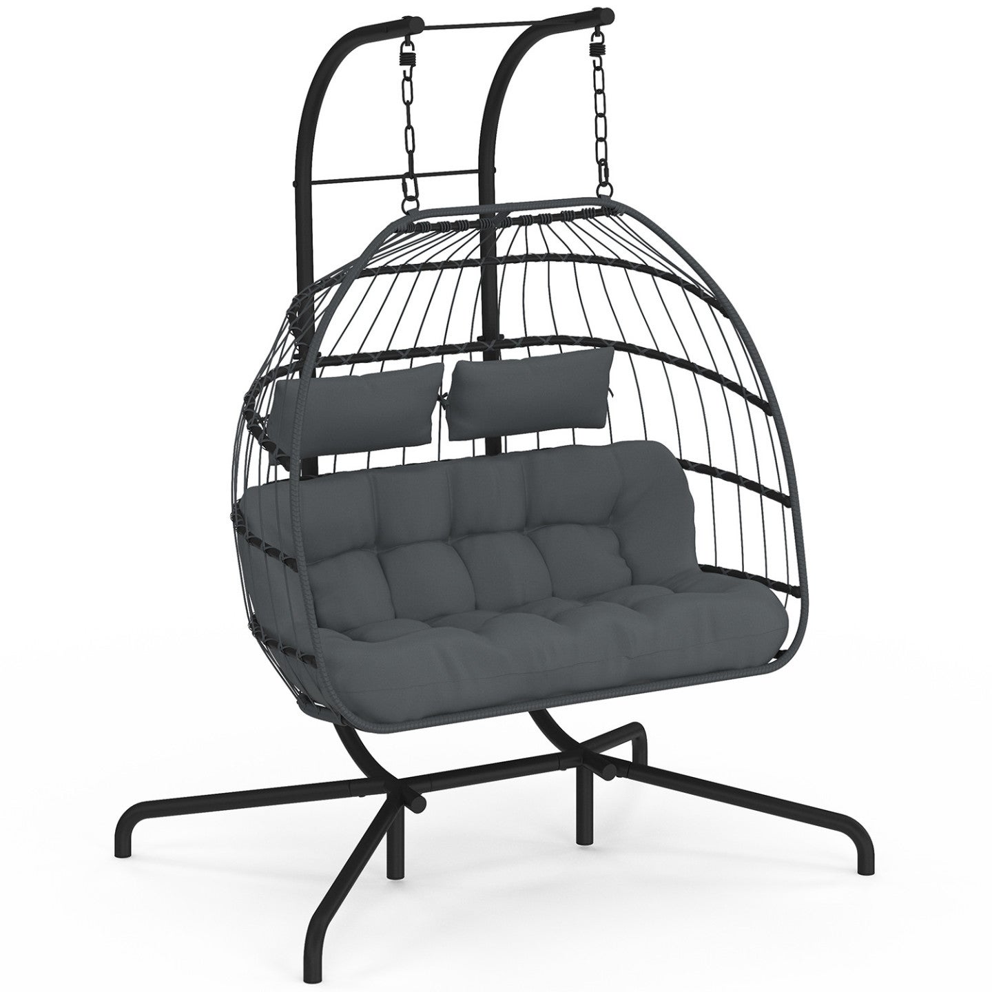 Fauteuil oeuf suspendu ajouré 2 places effet rotin gris avec coussin gris - 2
